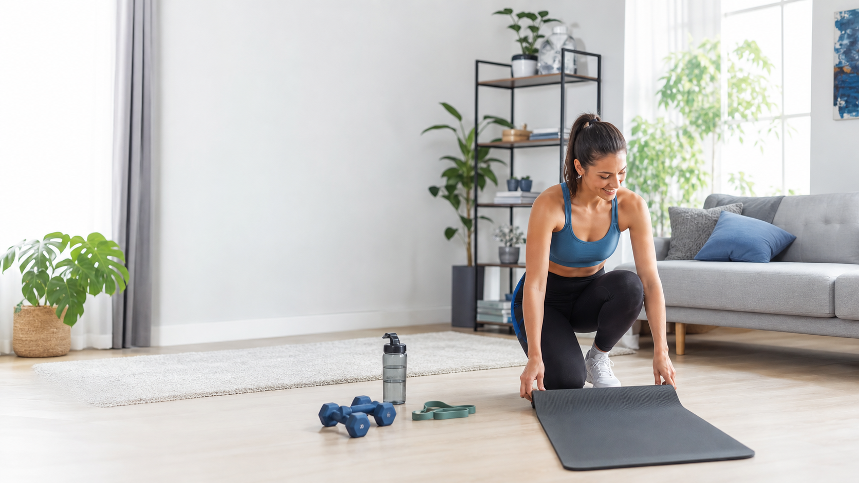 Home fitness workout scene for compact equipment